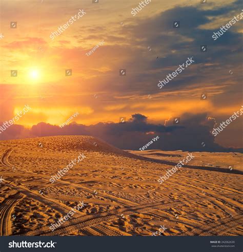 Dubai Desert With Beautiful Sandunes During The Sunrise Stock Photo