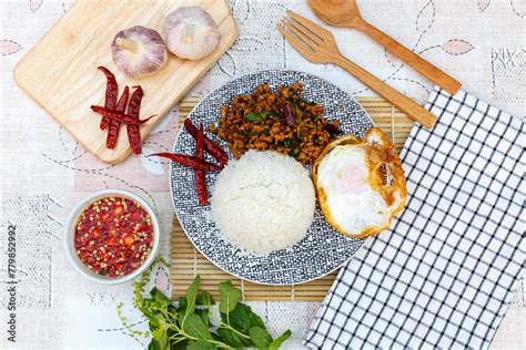 Traditional Thai Street Food Stir Fried Minced Pork With Basil Chili