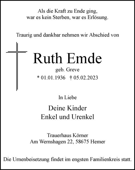 Traueranzeigen Von Ruth Emde Trauer In Nrw De