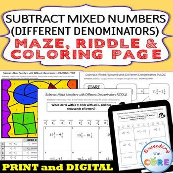 SUBTRACT MIXED NUMBERS W UNLIKE DENOMINATORS Maze Riddle Coloring Page