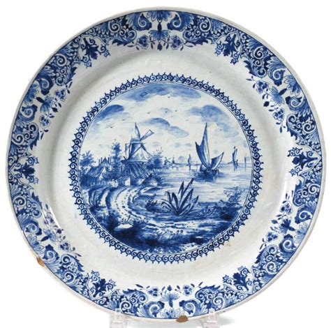 Delft Pottery Dutch Dish Circular Harbor Scene And Windmill Blue