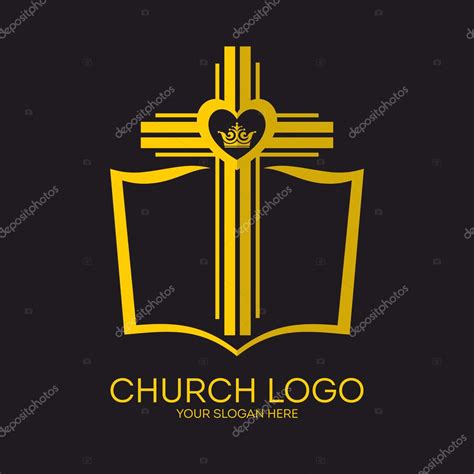 Church Logo Christian Symbols Bible Cross Of Jesus And Crown Stock