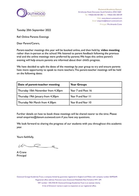 Parents Evening Schedule Letter Sept Outwood Academy Danum