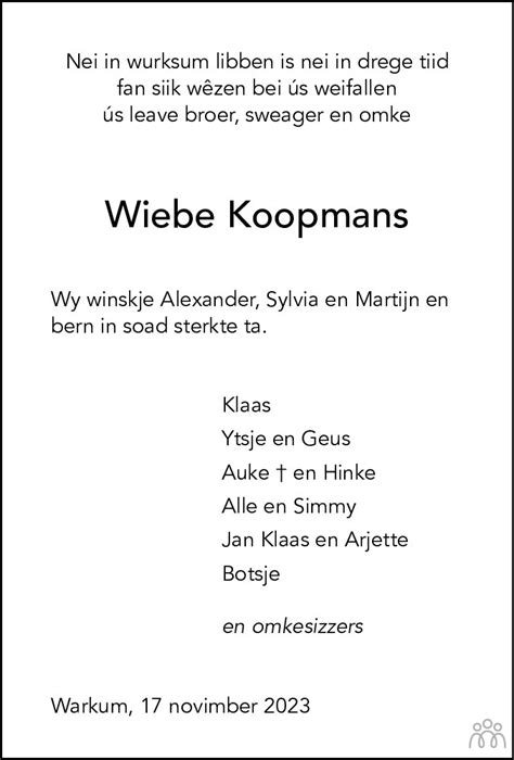 Wiebe Koopmans 17 11 2023 Overlijdensbericht En Condoleances