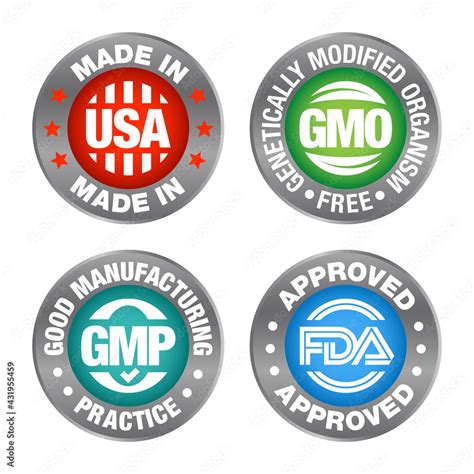 Four Product Badges Made In Usa Gmo Free Good Manufacturing Practice