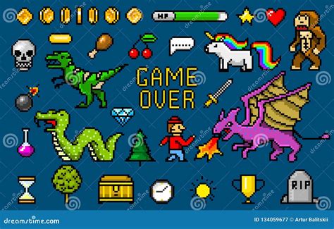 Pixel Art 8 Bit Objects Retro Game Assets Set Of Icons Vintage