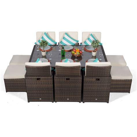 Giardino Rattan 6 Seater Cube Dining Table And Chairs Set With 4 Stools