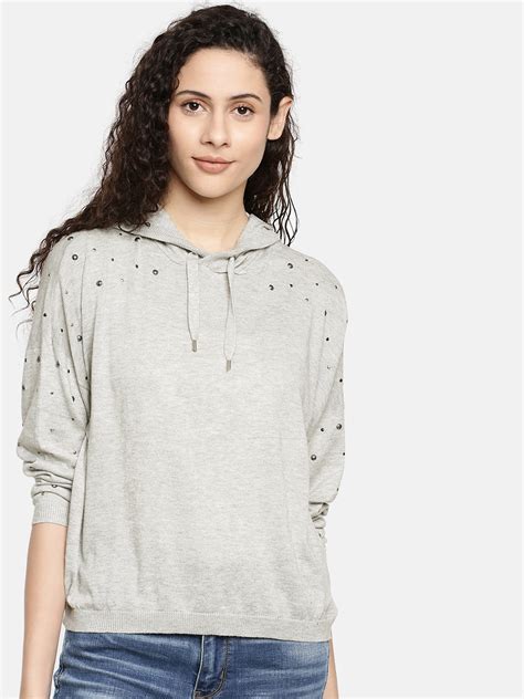 Buy Only Women Grey Solid Hooded Pullover Sweater Sweaters For Women 8095623 Myntra