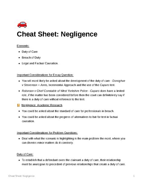 Negligence 🚗 Cheat Sheet Negligence Elements Duty Of Care Breach Of