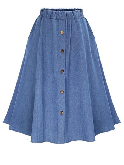 Elastic Waist Denim Flare Skirt With Buttons Faldas Mujer Faldas