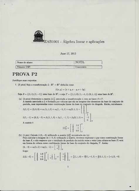 P2 2013 Algebra gabarito Álgebra Linear I