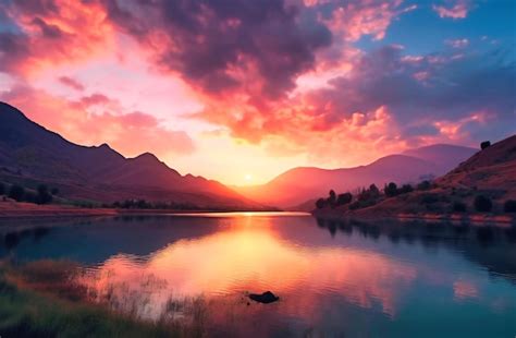 Premium Photo | Sunset over the lake and mountain