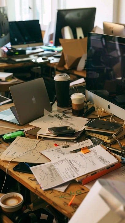 cluttered workspace chaos image workspace clutter laptops