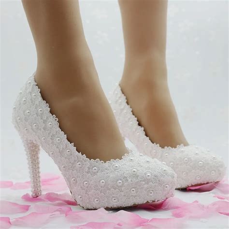 11cm White Lace Wedding Shoes Heels Pumps For Women Thin Heels Platform Wedding Shoes Party