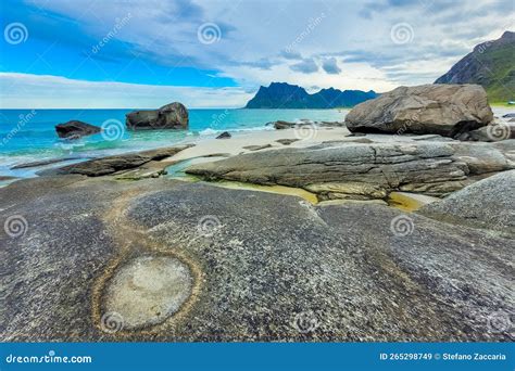 The Eye Of The Dragon In Uttakleiv Beach Lofoten Islands Norway Stock