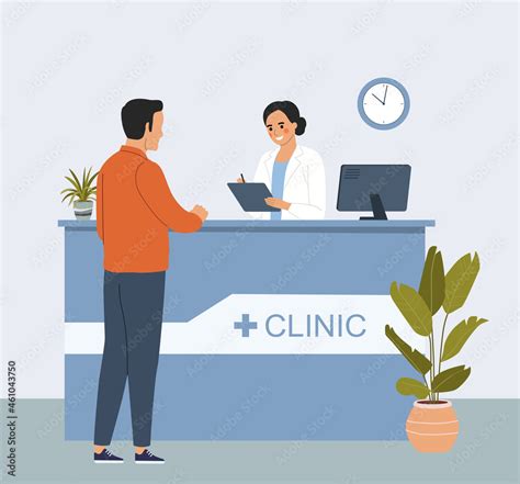 Man At The Reception Desk In The Interior Of The Hospital Vector Flat