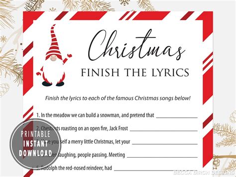 Christmas Music Trivia Finish The Lyrics Printable Game Holiday Party