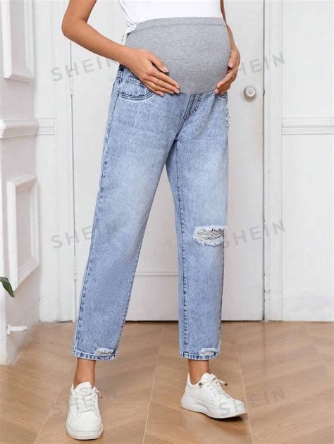 SHEIN Jeans De Perna Reta Cintura Larga Para Maternidade