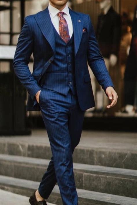 Navy Pinstripe Three Piece Suit Formal Menswear Classy Style