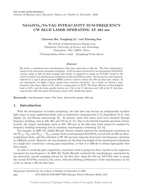 Nd Gdvo Yb Yag Intracavity Sum Frequency Cw Blue Laser Operating At Nm