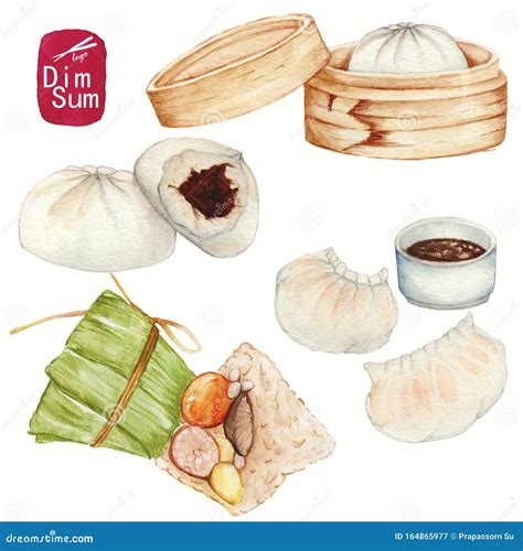 Watercolor Chinese Food Dim Sum And Rice Cake Zongzi Stock Image