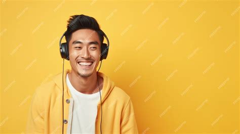 Premium Ai Image Happy Handsome Asian Man Listening To Music On