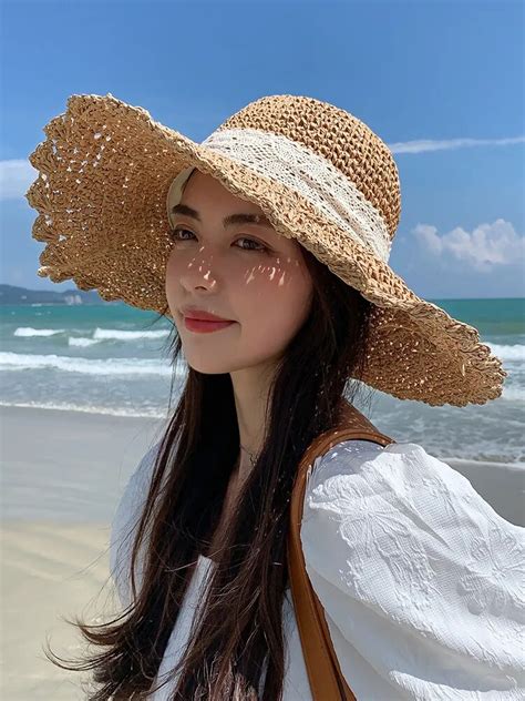 2022 Women S Summer Bucket Folding Lace Bow Straw Hat Panamas Uv Protection Sun Visor Cool