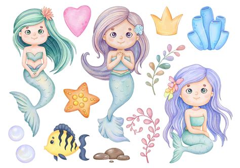 Premium Vector Cute Mermaids Watercolor Clipart