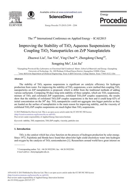 PDF Improving The Stability Of TiO2 Aqueous Suspensions By Coupling