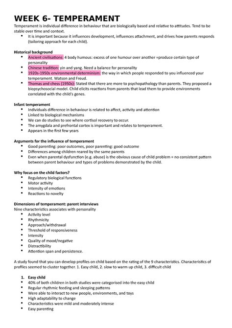 DEV PSYC WEEK 6 Lecture Notes 6 WEEK 6 TEMPERAMENT Temperament Is