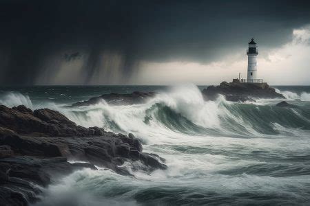 Tempestade do mar nuvens escuras raio farol solitário Ondas agitadas