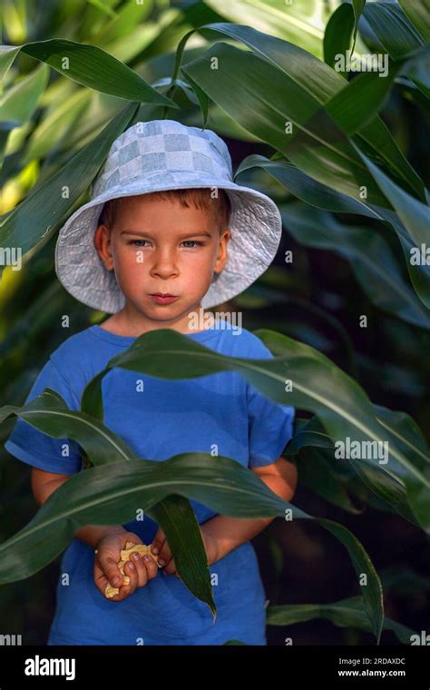 A Little Boy In A Blue T Shirt And A White Panama Hat Eating Cookies