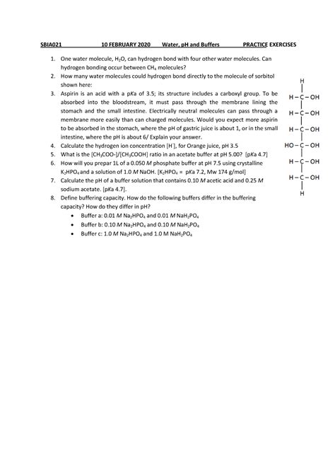 SBIA021 Water PH AND Buffers Practice Exercises SBIA021 10