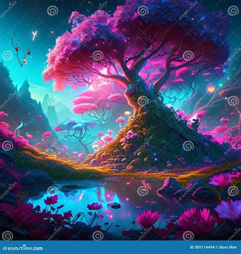 Fantasy Landscape With A Tree In The Water 3d Illustration Ai Generated Stock Illustration