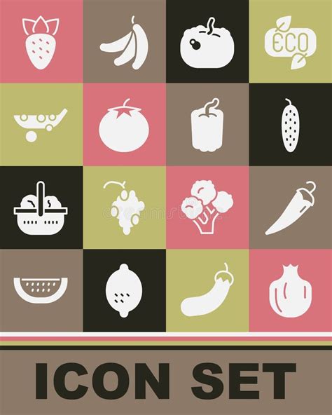 Set Pomegranate Hot Chili Pepper Cucumber Pumpkin Tomato Peas Strawberry And Bell Icon
