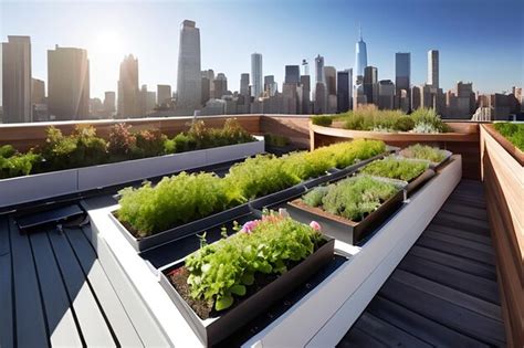 Urban Rooftop Garden With Integrated Solar Panels Overlooking A City