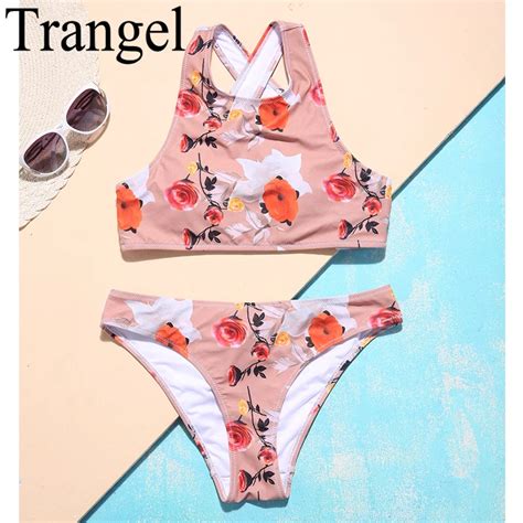 Trangel High Neck Swimwear Print Floral Cross Back Bandeau Bikini