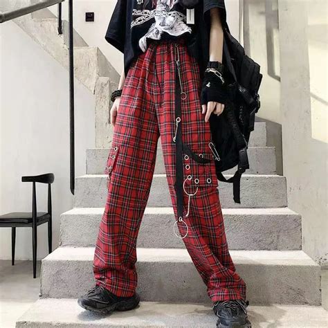 Hippie Fashion Punk Baggy Cargo Plaid Pants Woman Y K Gothic Red