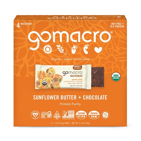 Gomacro Macrobar Sunflower Butter Chocolate Organic Vegan Protein