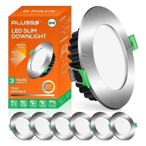 Alusso Lot 6 Spots Led Encastrables 8w Dimmable Ip44 étanche 3000k 5700k 650lm Rond Nickel