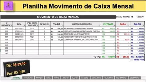 Planilha Movimento De Caixa Mensal MercadoLivre