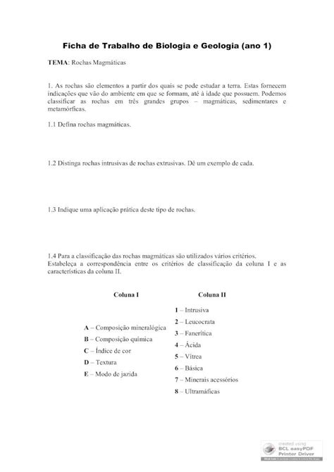 Pdf Ficha De Trabalho De Biologia E Geologia Ano Analise O