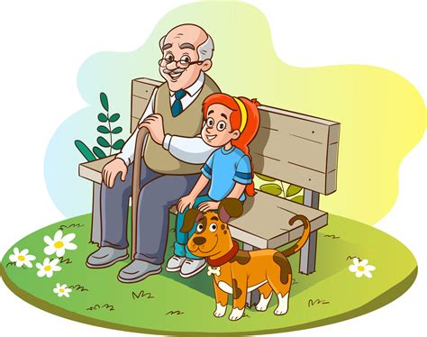 Grandfather And Granddaughter Sitting On Bench Vector Art At