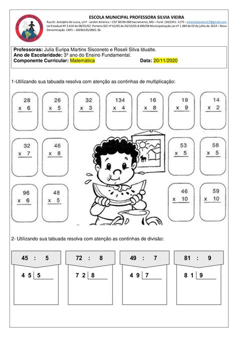 3º Ano Plano De Aula E Atividades De Matemática Divisão E Multiplicação Cuca Super Legal