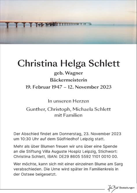 Traueranzeigen Von Christina Helga Schlett Trauer Anzeigen De