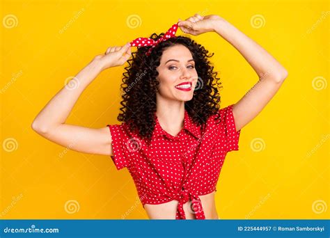 Portrait Of Nice Optimistic Brunette Hair Lady Hold Band Wear Red Top