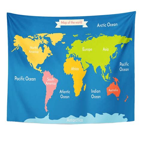 UFAEZU Blue Flat World Map The Inscription Oceans Wall Art Hanging ...