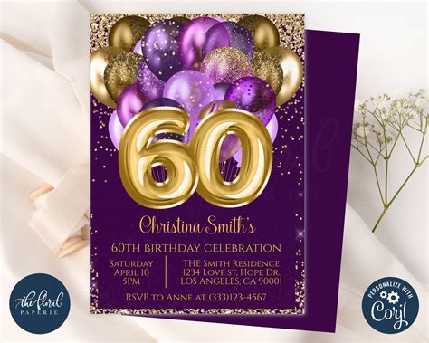 60th Birthday Invitation Sixty Party Black Gold Glitter