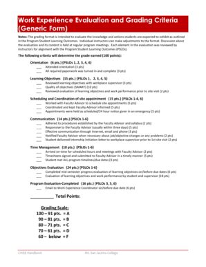 Fillable Online Msjc Work Experience Evaluation And Grading Criteria