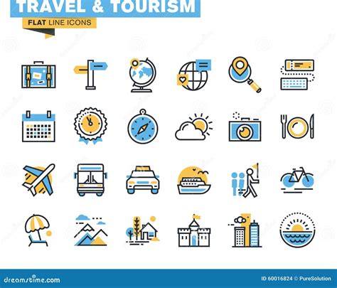 La Línea Plana Iconos Fijó De Viaje Y Del Turismo Ilustración del